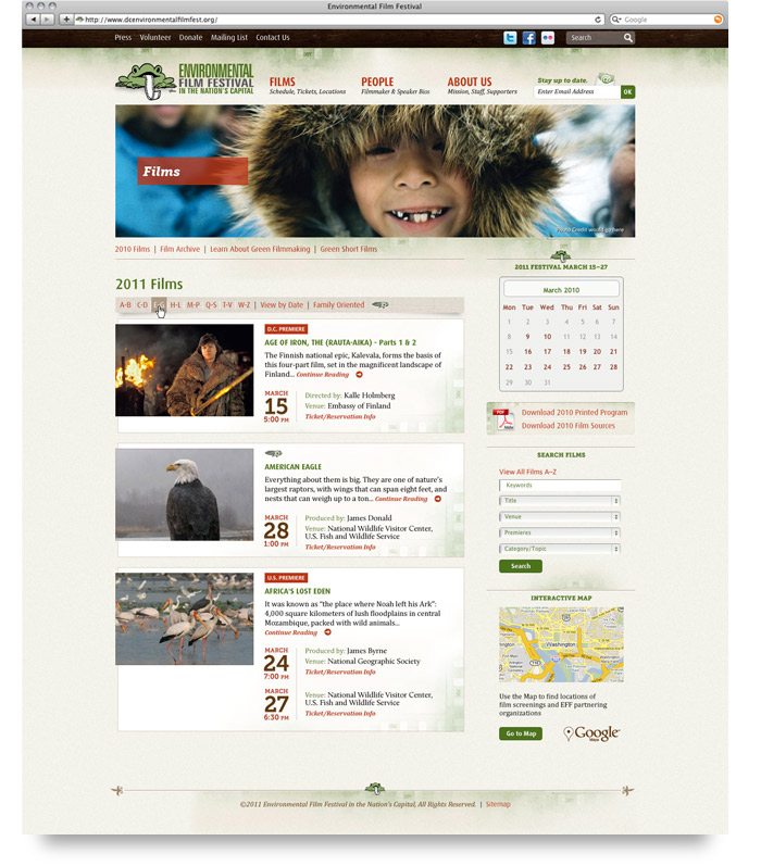 DC Environmental Film Festival secondary page website design